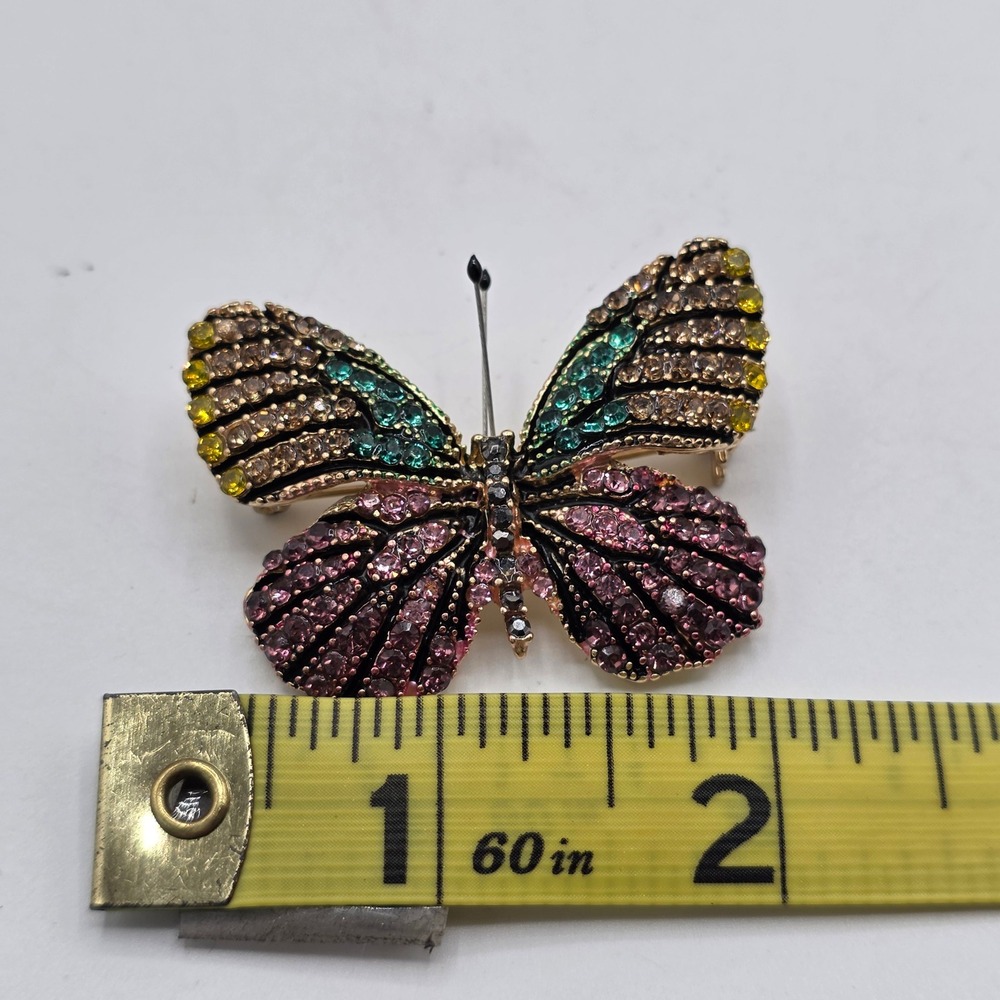 Multicolor Rhinestone Butterfly Brooch Gold Tone Crystal Insect Pin 2 Inch - Picture 6 of 8